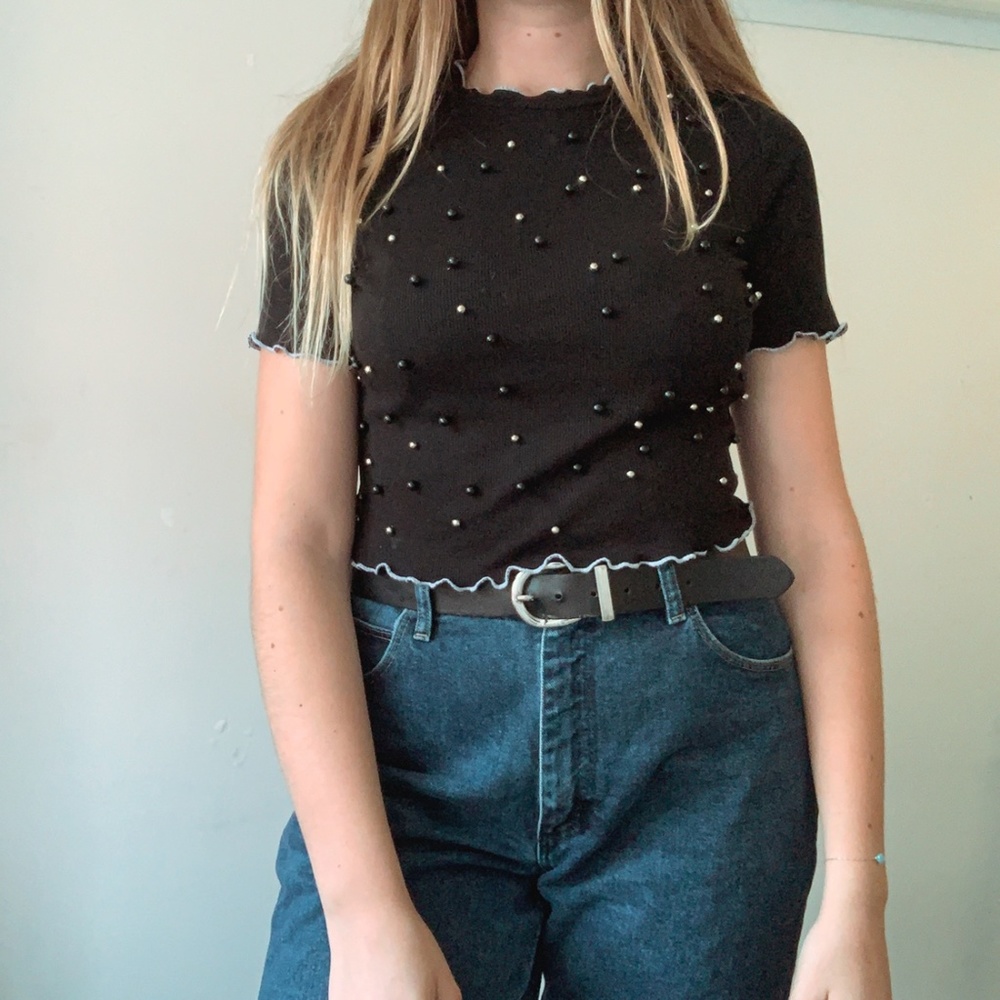 Cropped Black Shirt w/ Pearls